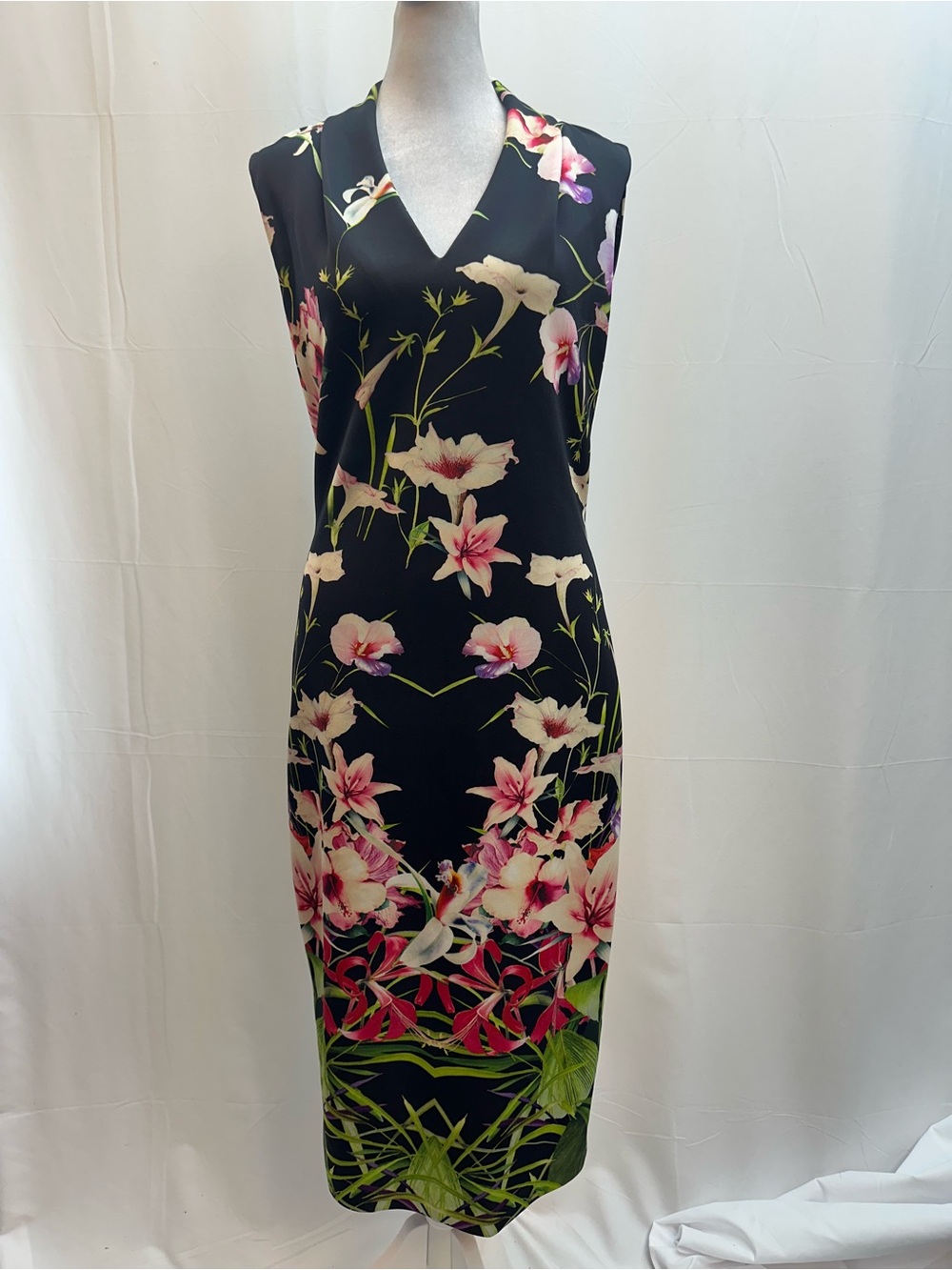 Ted Baker London Black Midi Dress with Pink Purple Green Floral Print 3